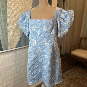 SHEIN Blue and White Floral Embossed Dress